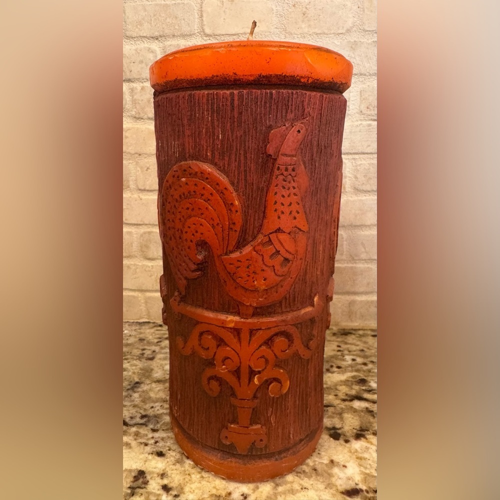 Vintage Red Orange Hallmark Farmhouse Pillar Candle Rooster Cottage Core Rare